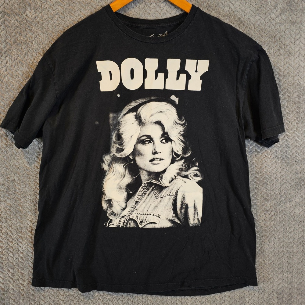Dolly Parton Mens XL Black Graphic T-Shirt Butterfly Logo Mad Engine Portrait